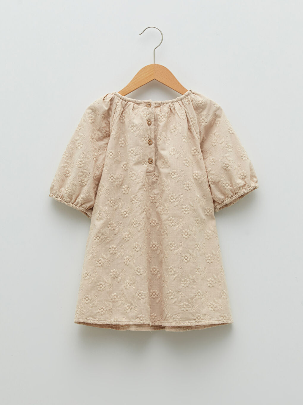 Bej Bisiklet Yaka Uzun Kollu Nakışlı Kız Bebek Elbise-1
