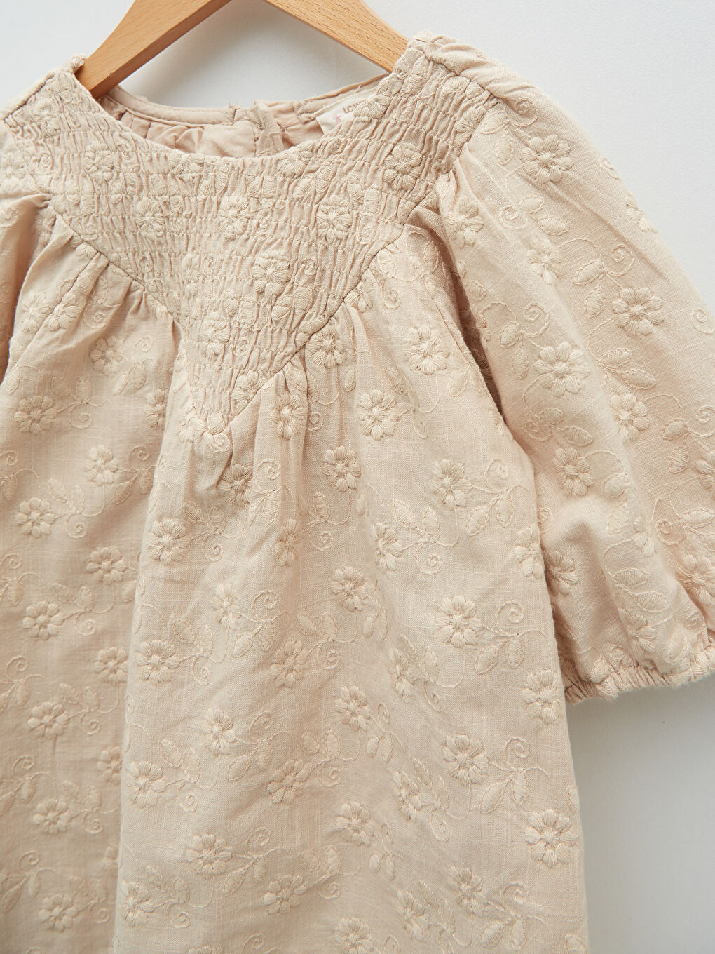 Bej Bisiklet Yaka Uzun Kollu Nakışlı Kız Bebek Elbise-2