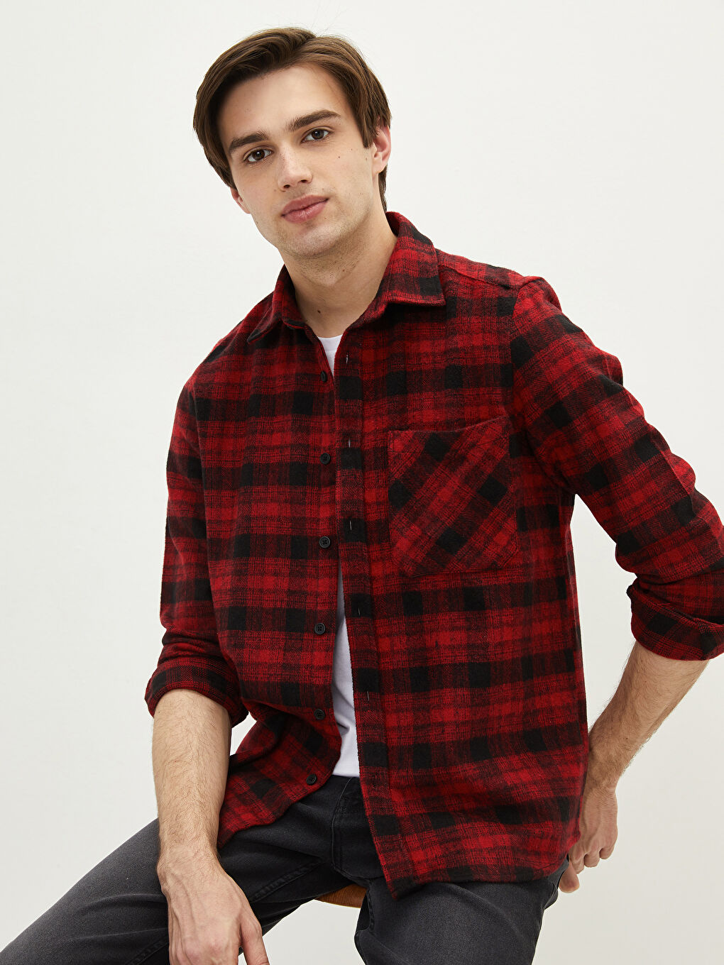 Kırmızı Regular Fit Uzun Kollu Ekose Erkek Oduncu Gömlek