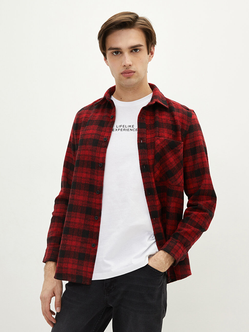 Kırmızı Regular Fit Uzun Kollu Ekose Erkek Oduncu Gömlek-1