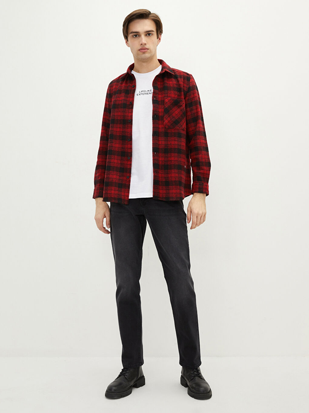 Kırmızı Regular Fit Uzun Kollu Ekose Erkek Oduncu Gömlek-2