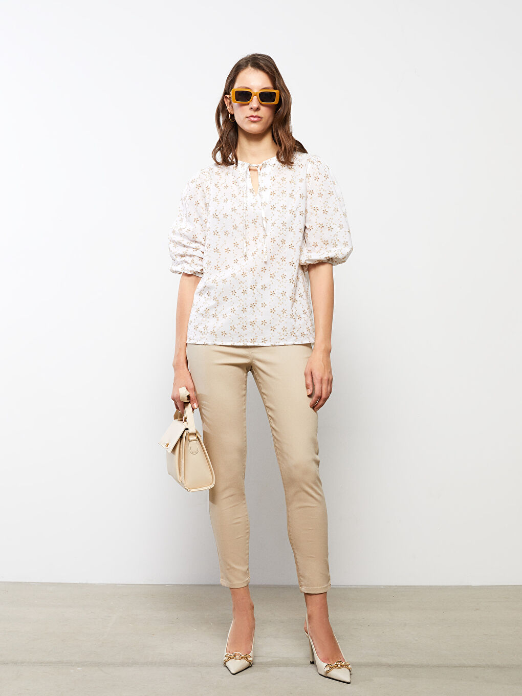 Tie Collar Embroidered Cotton Women's Blouse