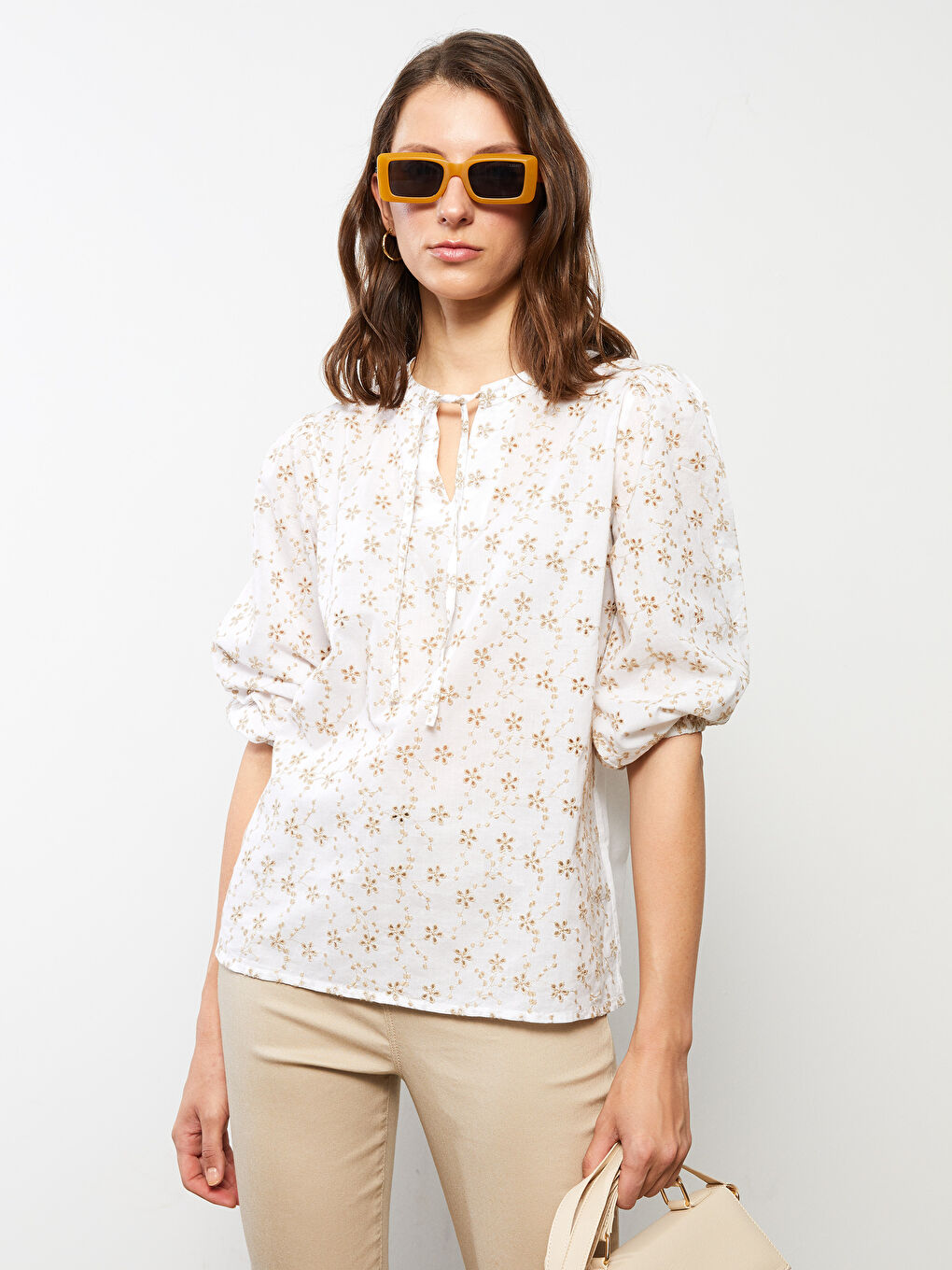 Tie Collar Embroidered Cotton Women's Blouse-1