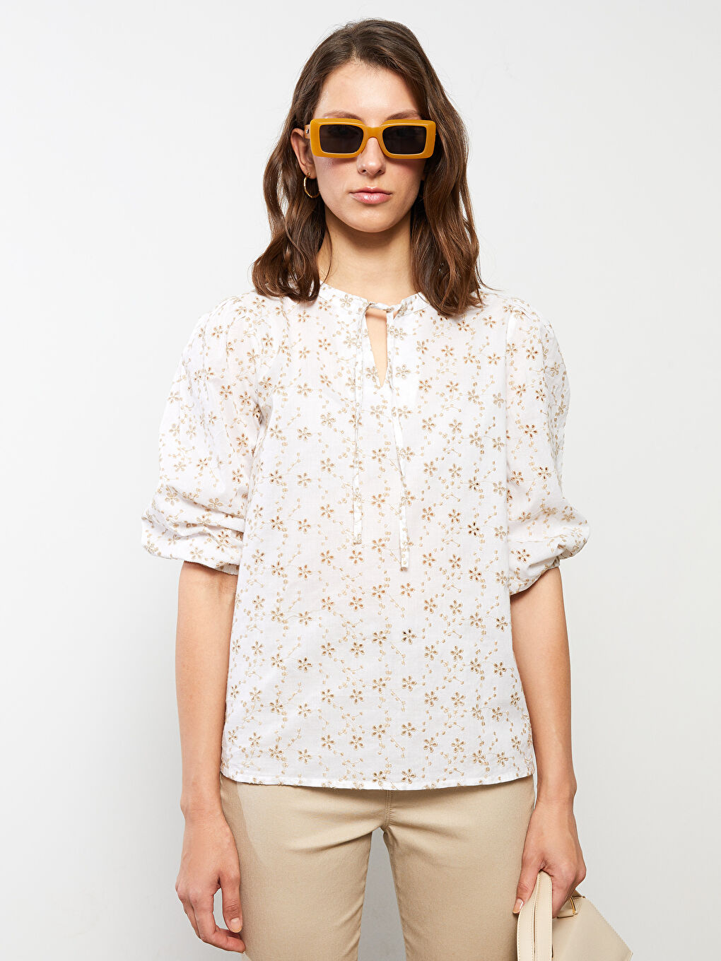 Tie Collar Embroidered Cotton Women's Blouse-2