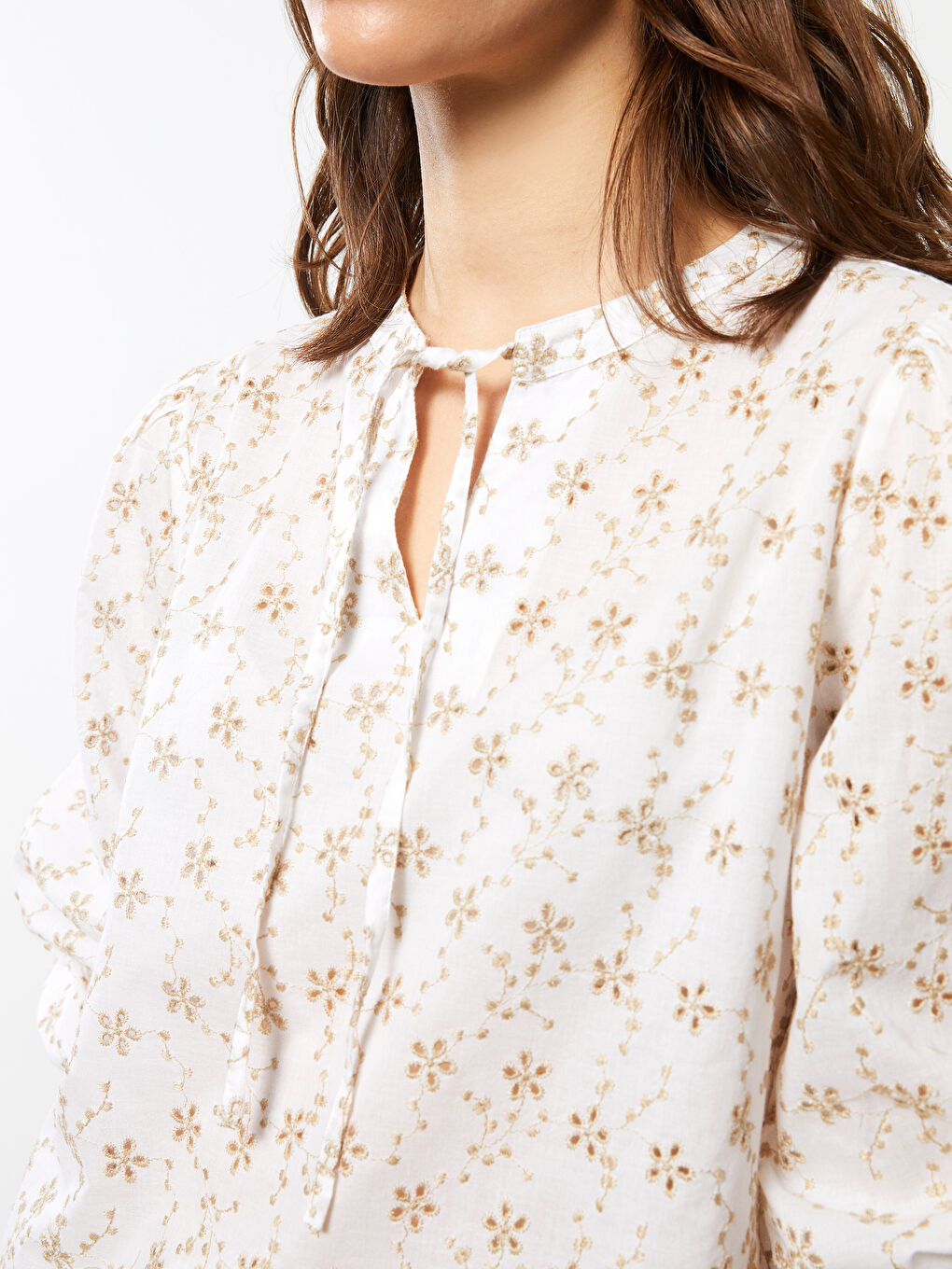 Tie Collar Embroidered Cotton Women's Blouse-3