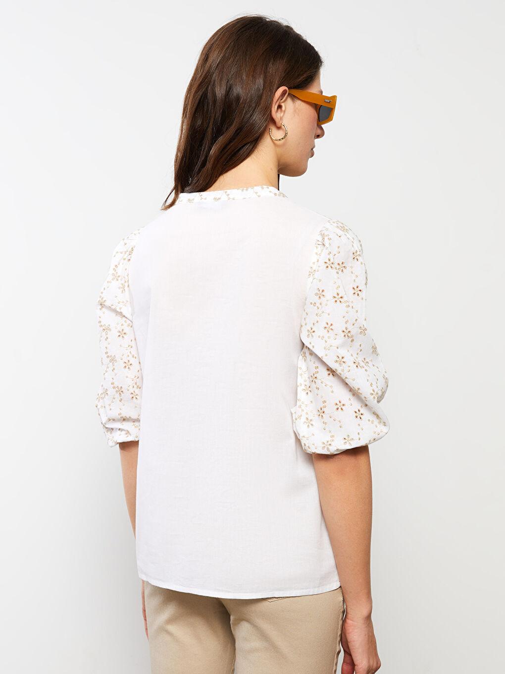 Tie Collar Embroidered Cotton Women's Blouse-4