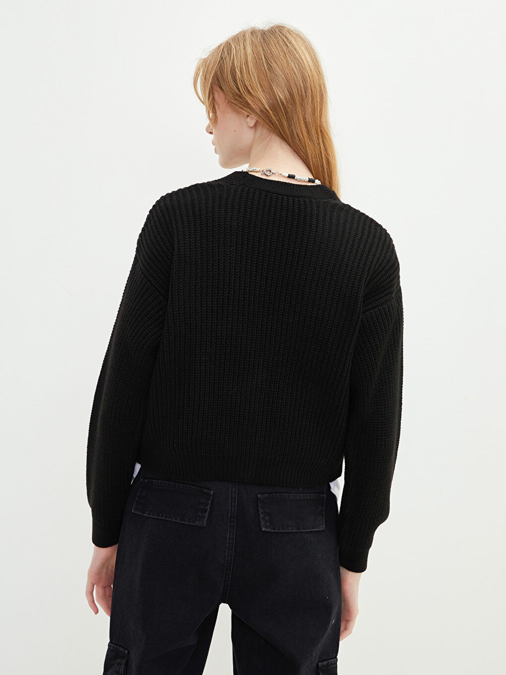 Siyah V Yaka Kadın Triko Hırka-4