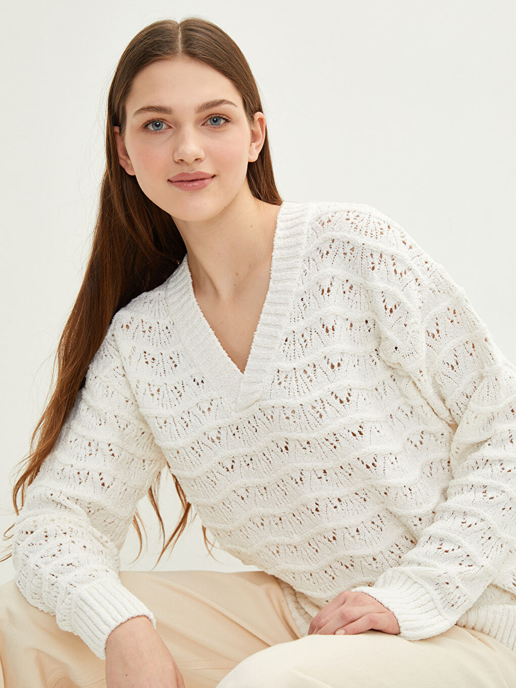 V-Neck Hole-Knitted Long Sleeve Women's Knitwear Sweater-1