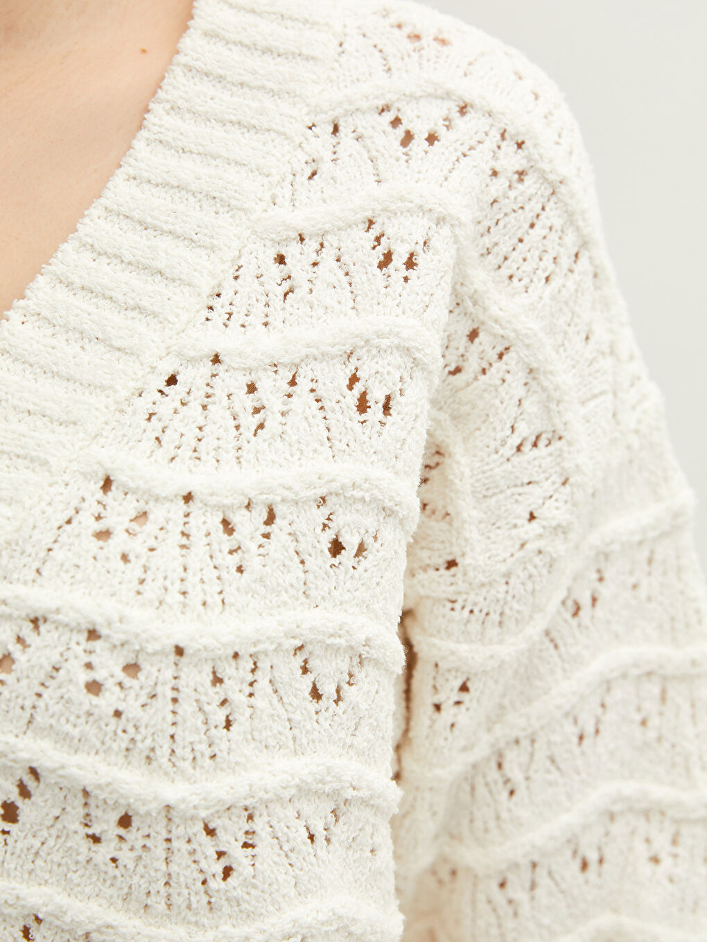 V-Neck Hole-Knitted Long Sleeve Women's Knitwear Sweater-2