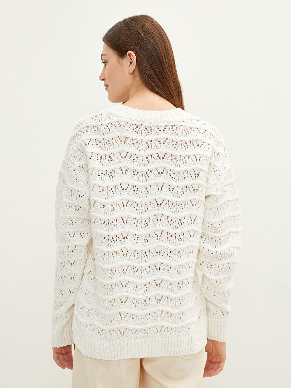 V-Neck Hole-Knitted Long Sleeve Women's Knitwear Sweater-3