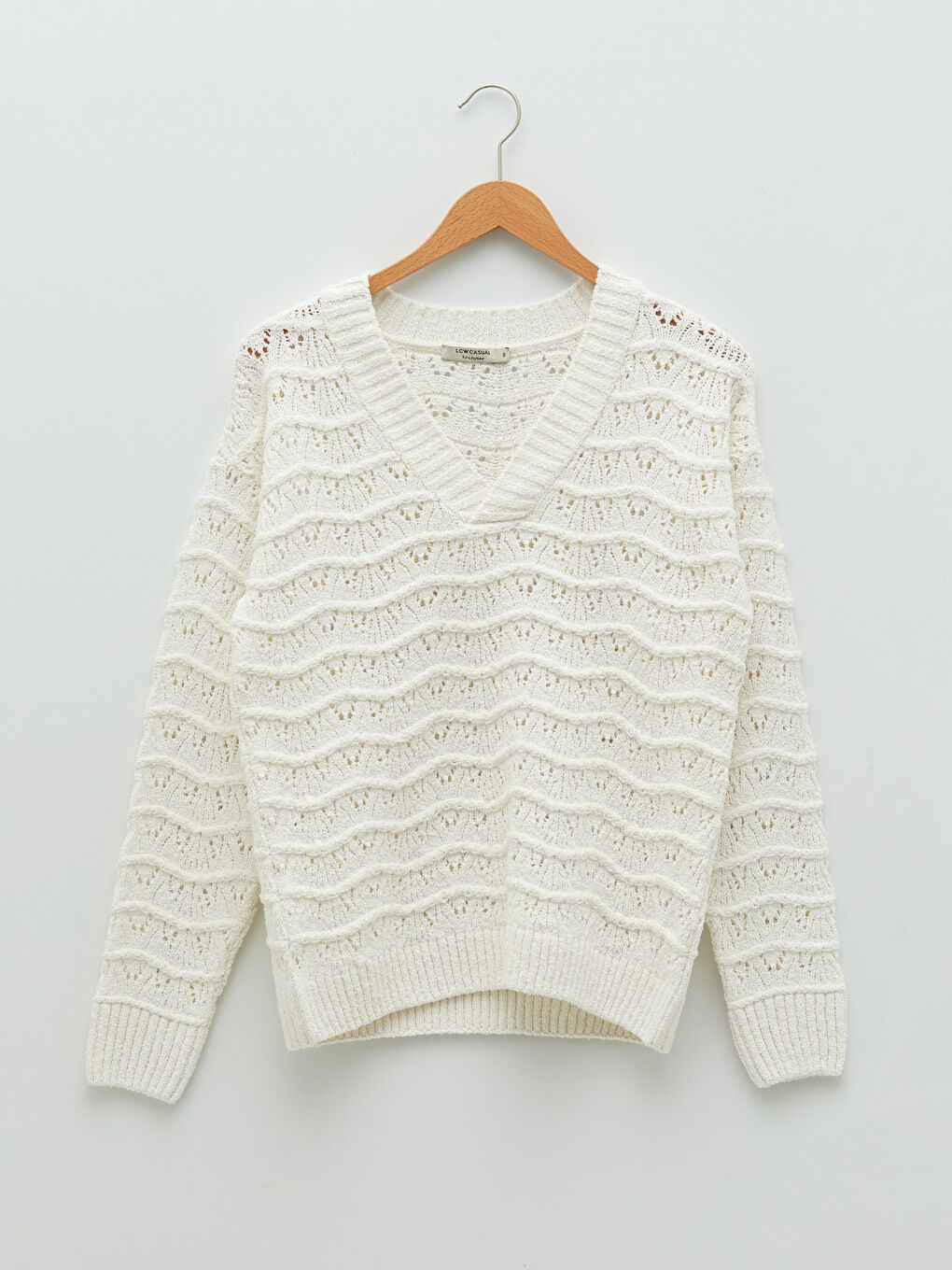 V-Neck Hole-Knitted Long Sleeve Women's Knitwear Sweater-4