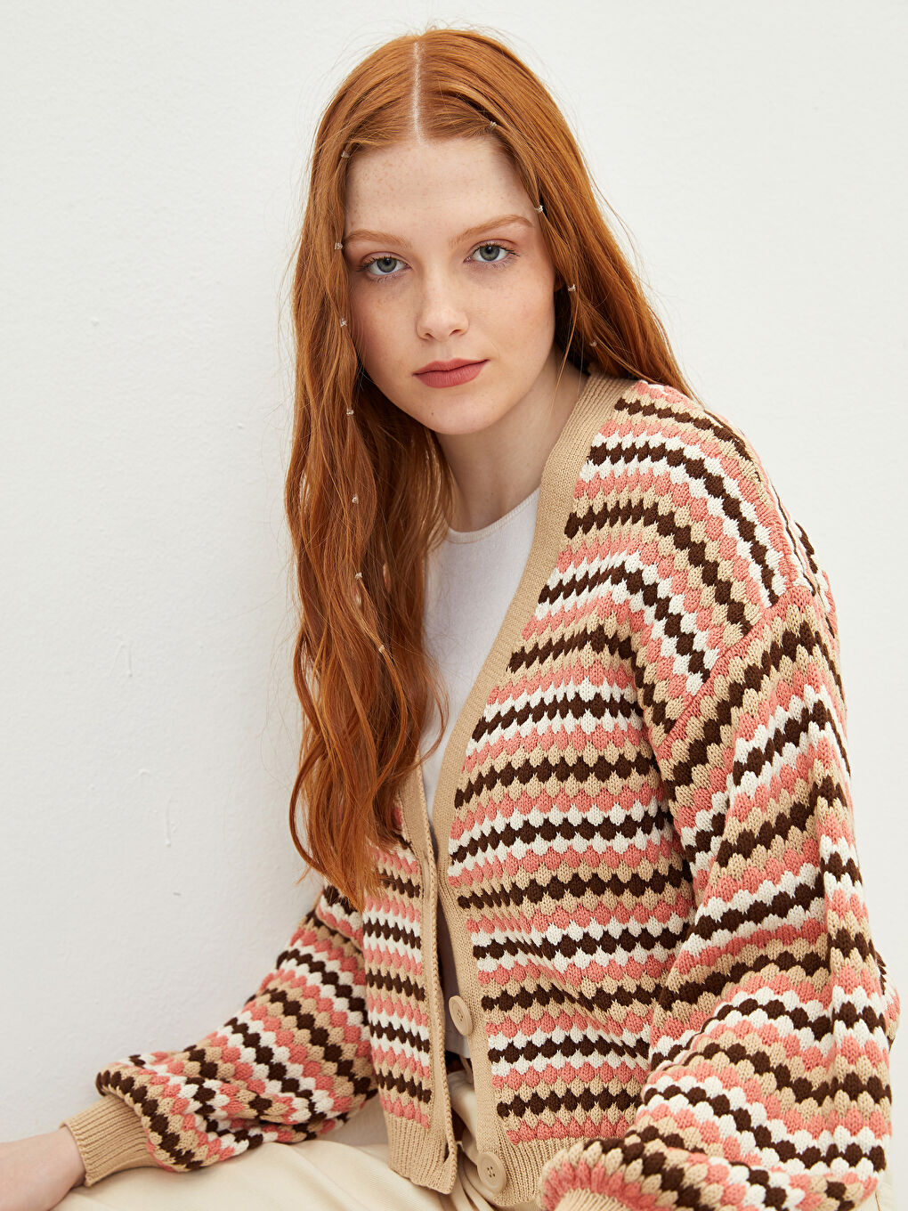 V Neck Patterned Women's Knitwear Cardigan-1