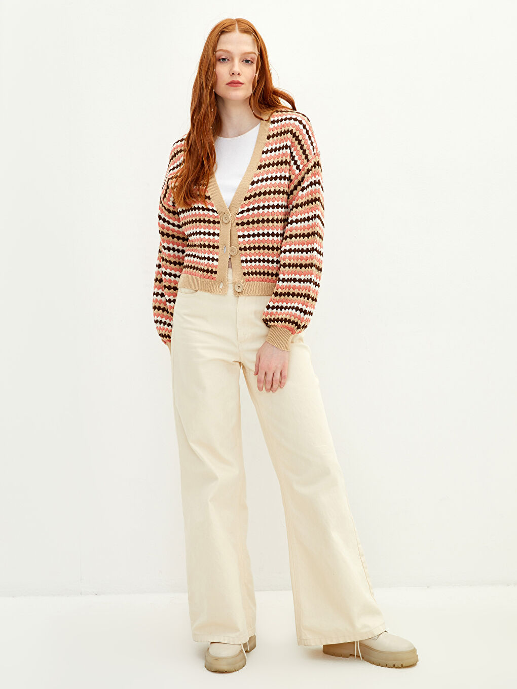 V Neck Patterned Women's Knitwear Cardigan-2