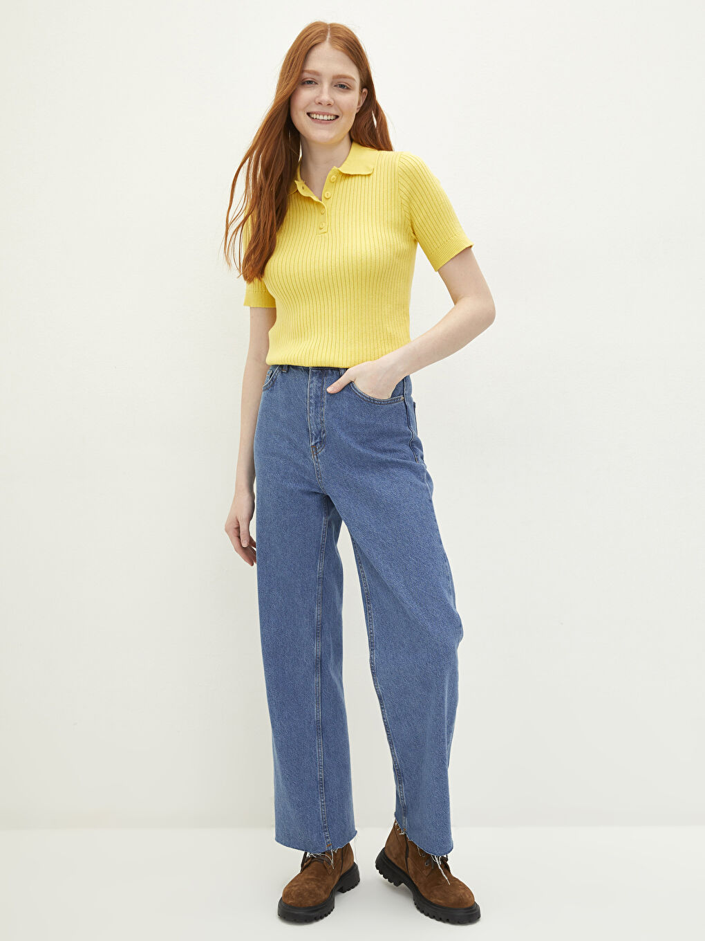 Sarı Polo Yaka Düz Kısa Kollu Kadın Triko Kazak-2