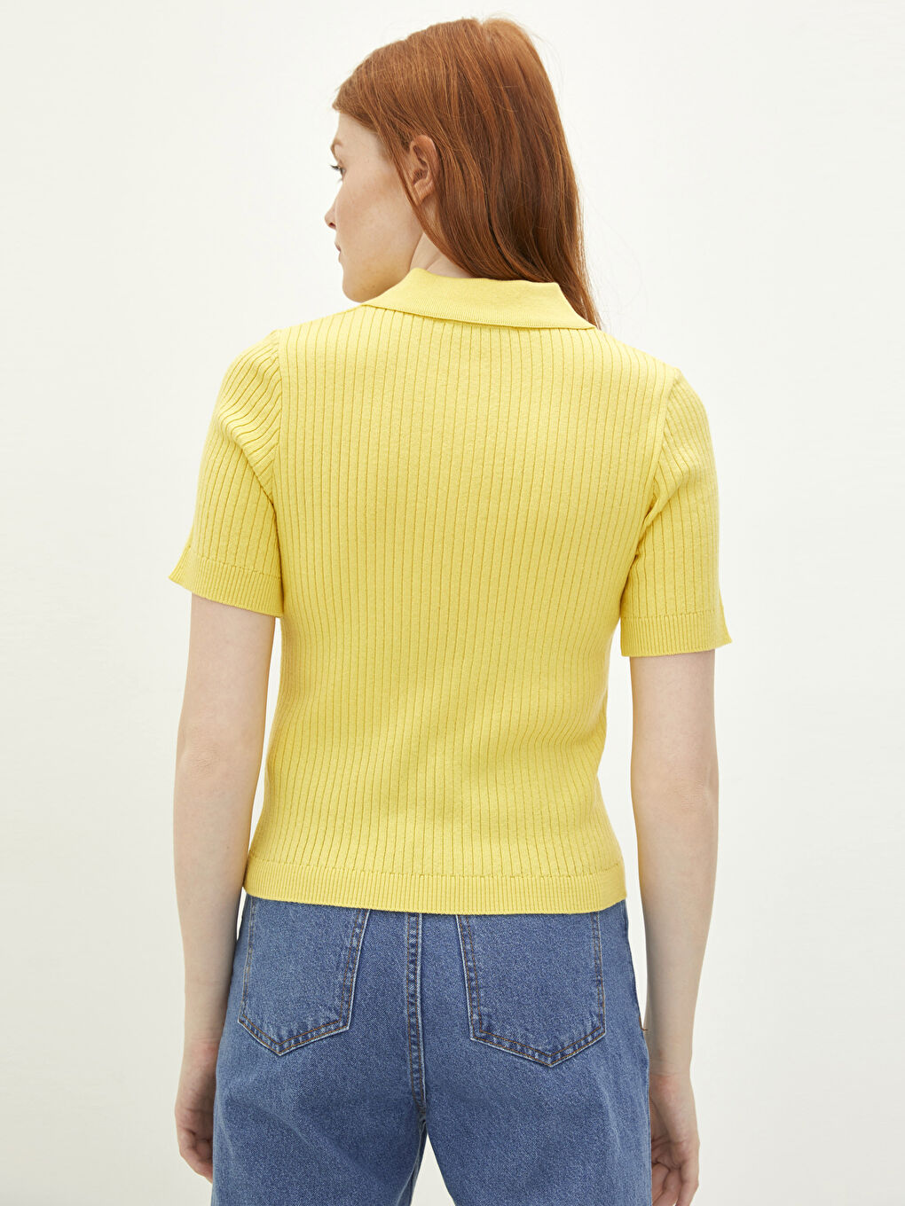 Sarı Polo Yaka Düz Kısa Kollu Kadın Triko Kazak-4