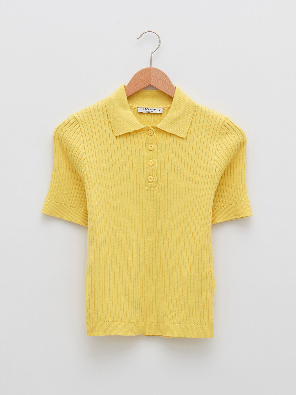 Sarı Polo Yaka Düz Kısa Kollu Kadın Triko Kazak-5