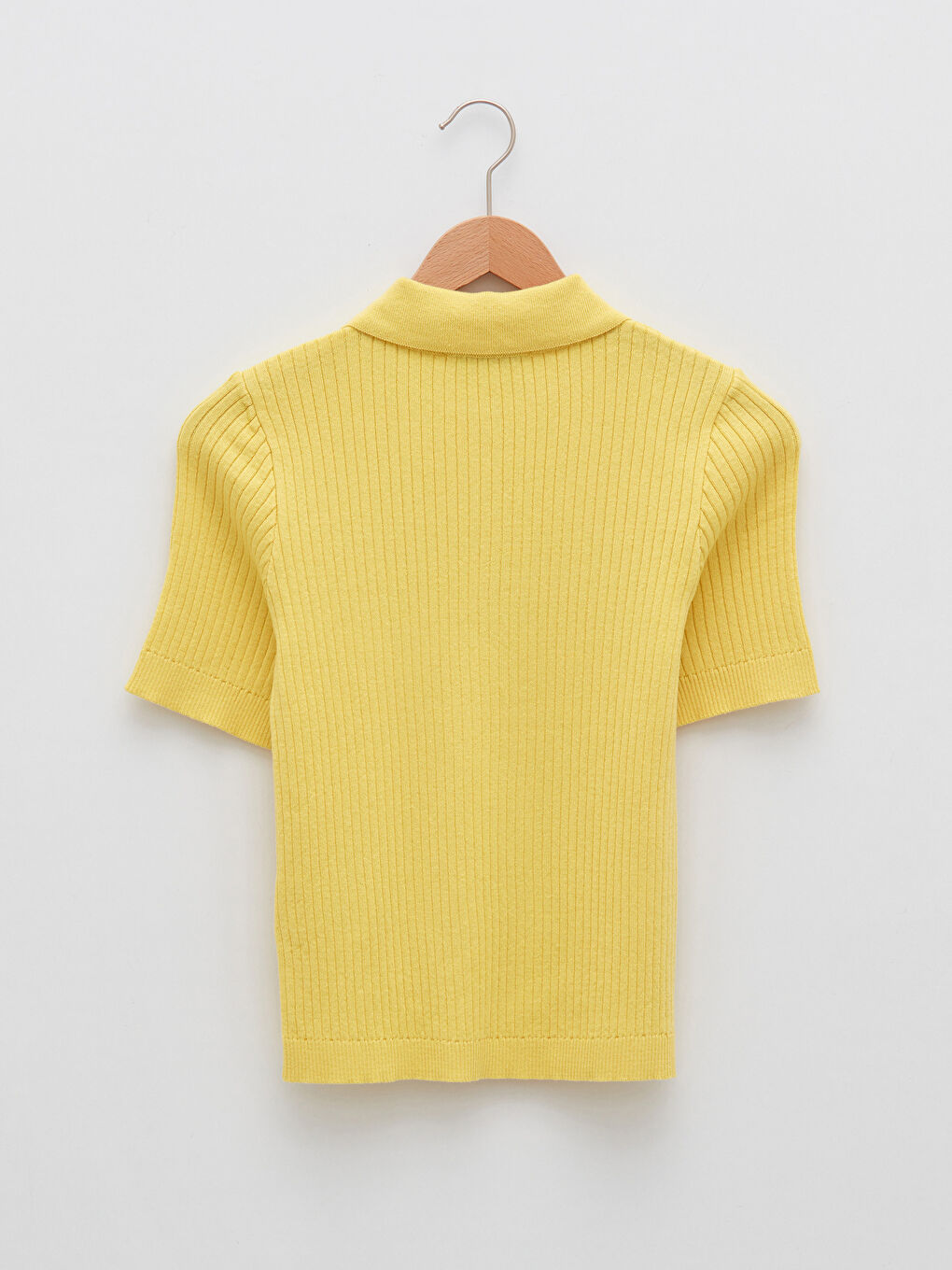 Sarı Polo Yaka Düz Kısa Kollu Kadın Triko Kazak-6