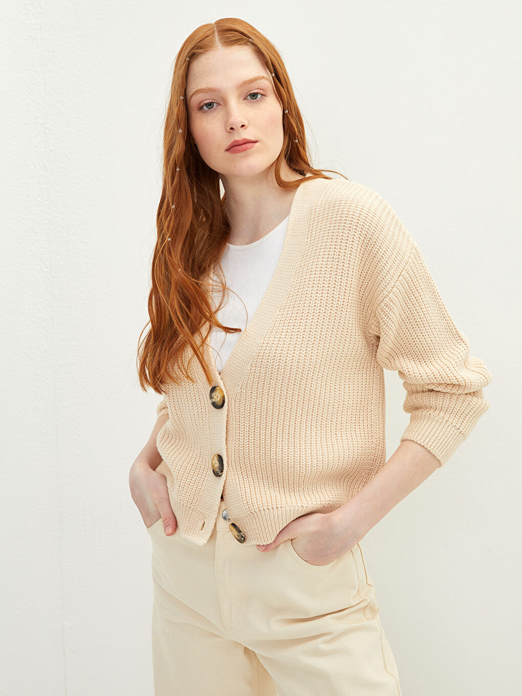 Cardigan en Tricot à Encolure en V pour Femmes-1