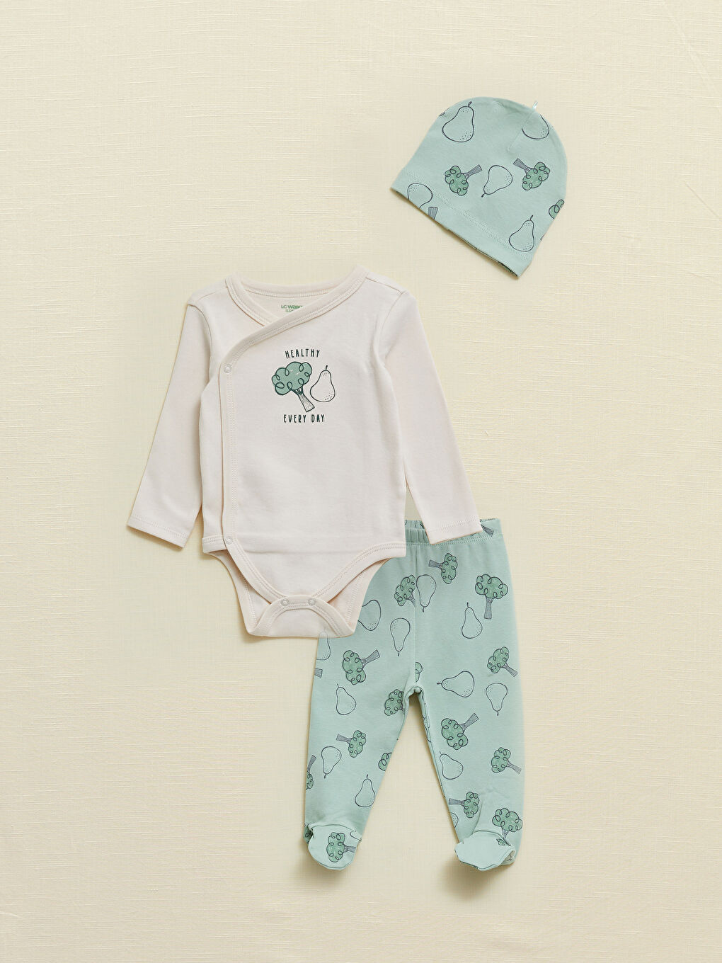 Bej Zarf Yaka Uzun Kollu Baskılı Erkek Bebek Takım 3'lü