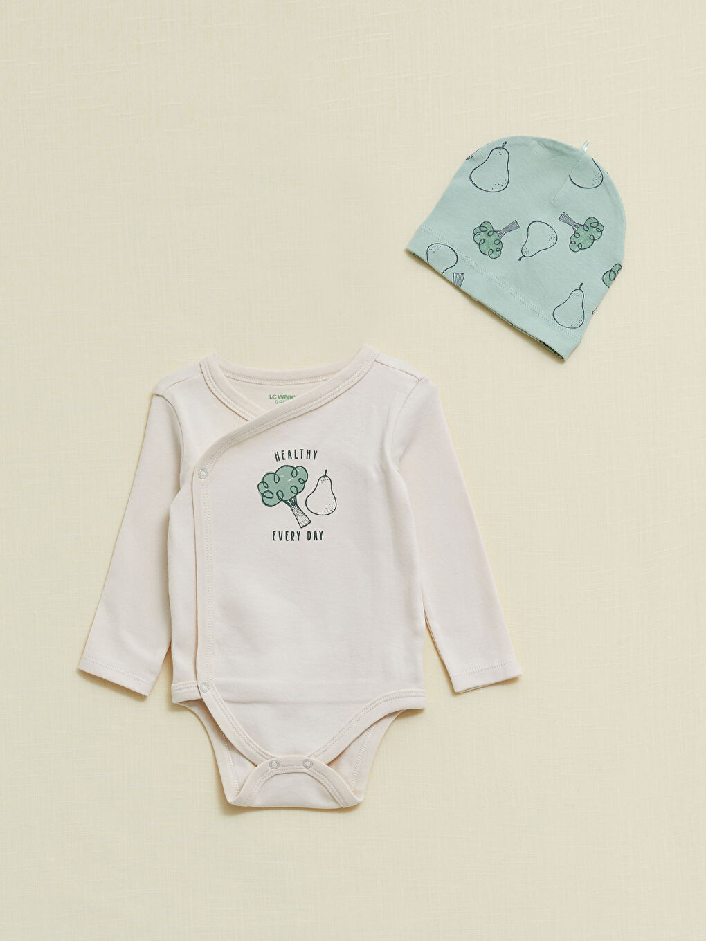 Bej Zarf Yaka Uzun Kollu Baskılı Erkek Bebek Takım 3'lü-1