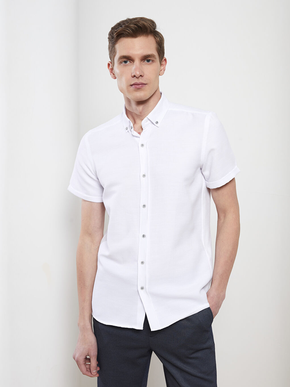 Slim Fit Short Sleeve Dobby Men's Shirt-1