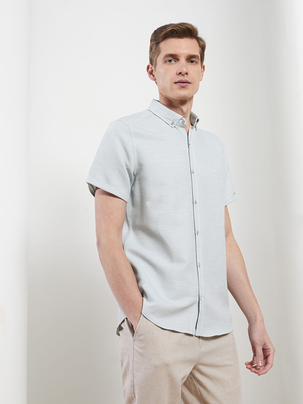 Slim Fit Short Sleeve Dobby Men's Shirt