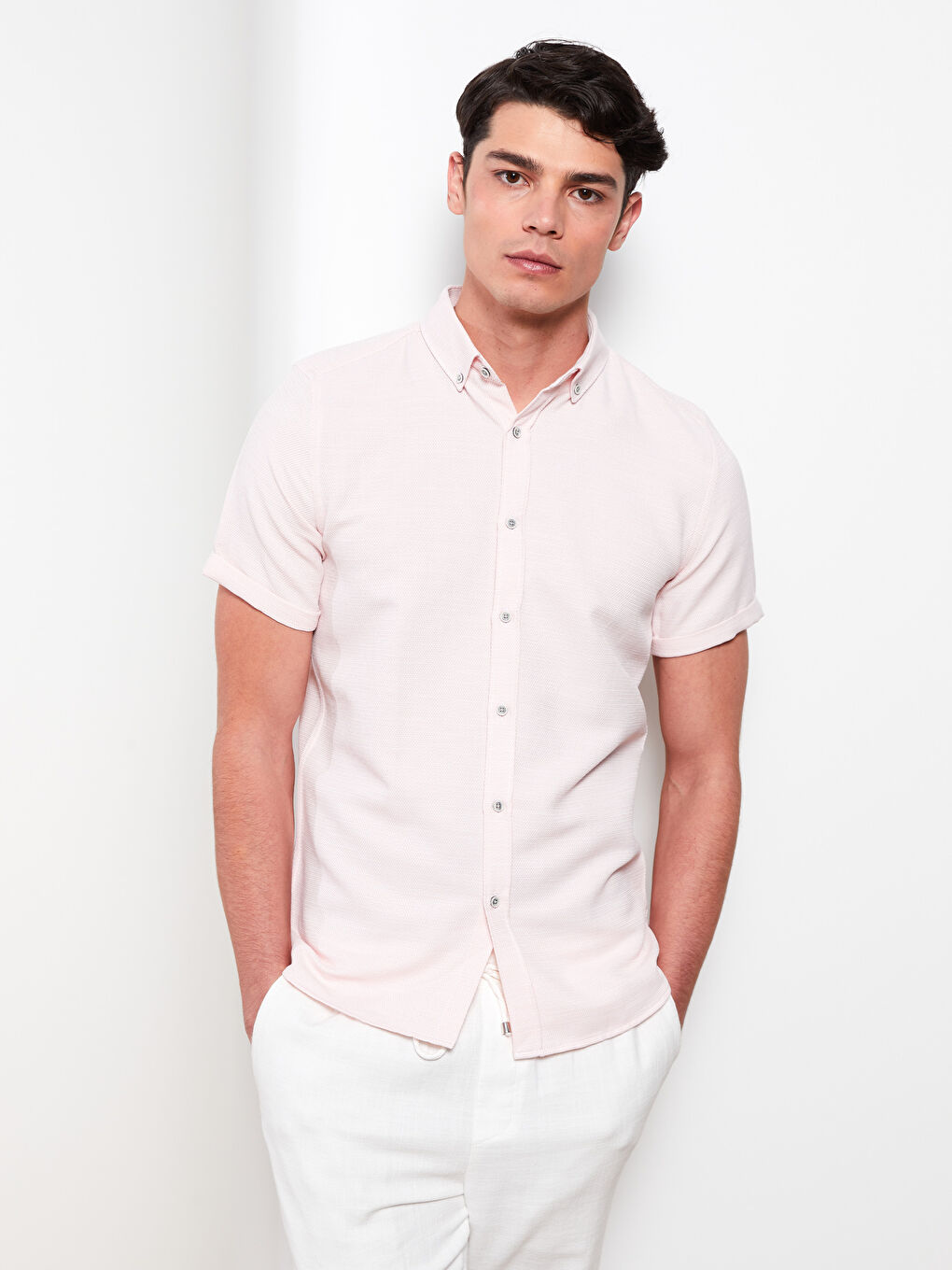 LCW Vision Pembe Slim Fit Kısa Kollu Armürlü Erkek Gömlek - 1