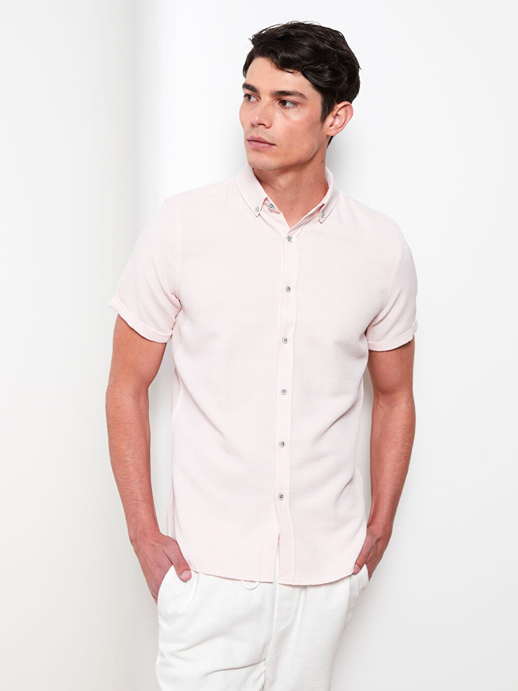 LCW Vision Pembe Slim Fit Kısa Kollu Armürlü Erkek Gömlek - 2