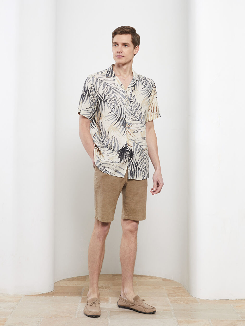 Bej Regular Fit Kısa Kollu Viskon Erkek Gömlek-2