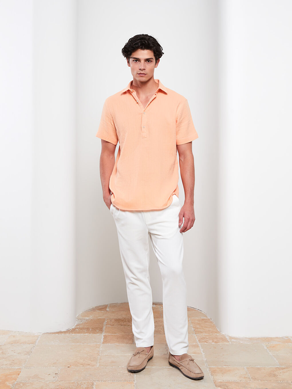 Turuncu Slim Fit Kısa Kollu Erkek Gömlek