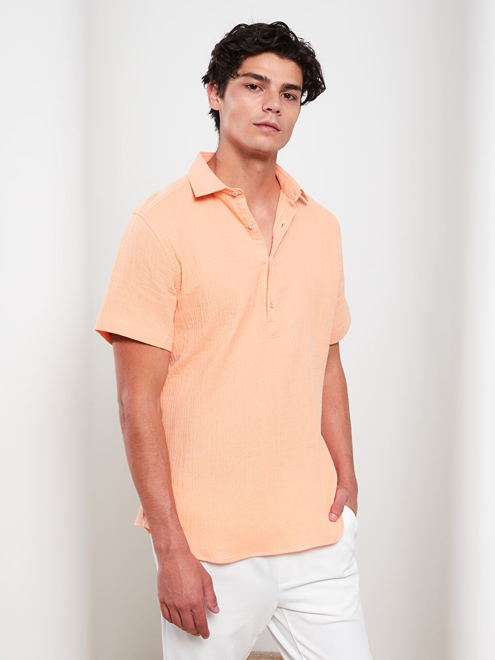 Turuncu Slim Fit Kısa Kollu Erkek Gömlek-1