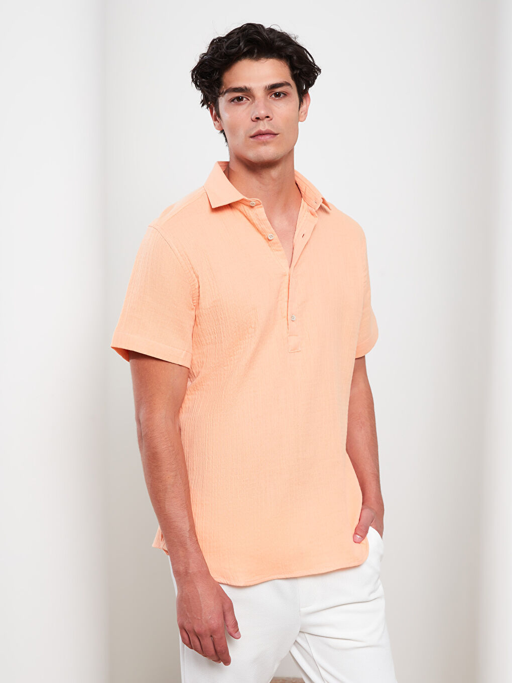 Turuncu Slim Fit Kısa Kollu Erkek Gömlek-2