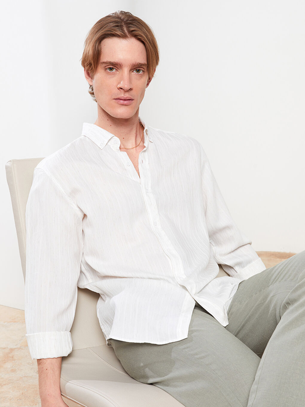 Bej Regular Fit Uzun Kollu Viskon Erkek Gömlek