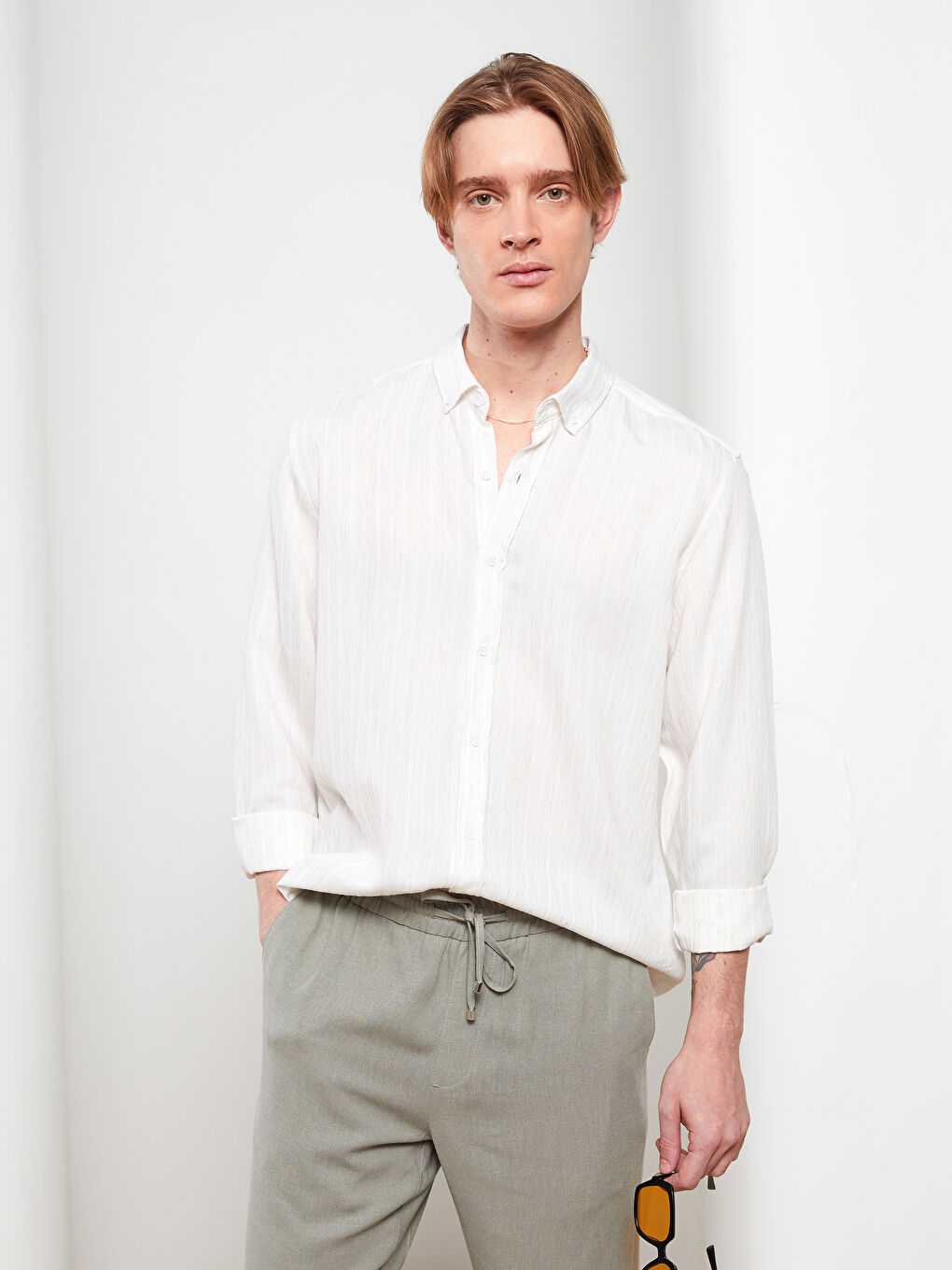 Bej Regular Fit Uzun Kollu Viskon Erkek Gömlek-2