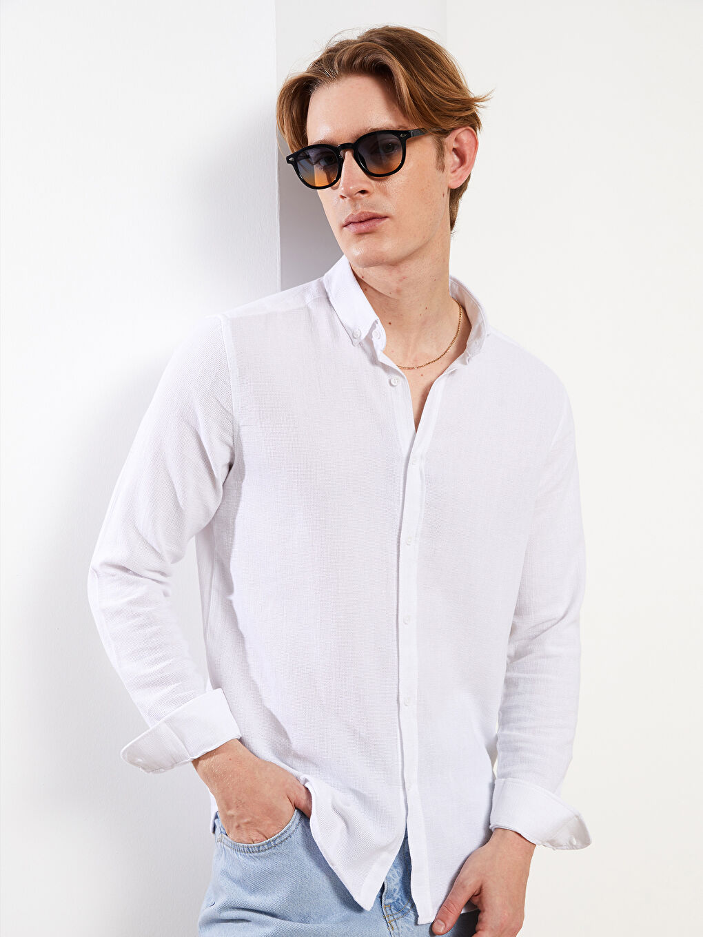 Beyaz Slim Fit Uzun Kollu Erkek Gömlek-1