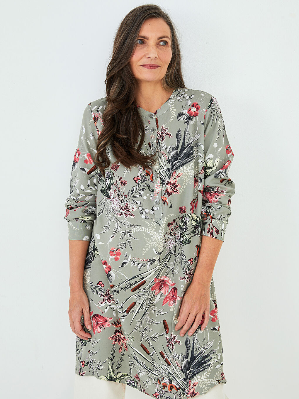 Crew Neck Floral Long Sleeve Viscose Women's Tunic-3