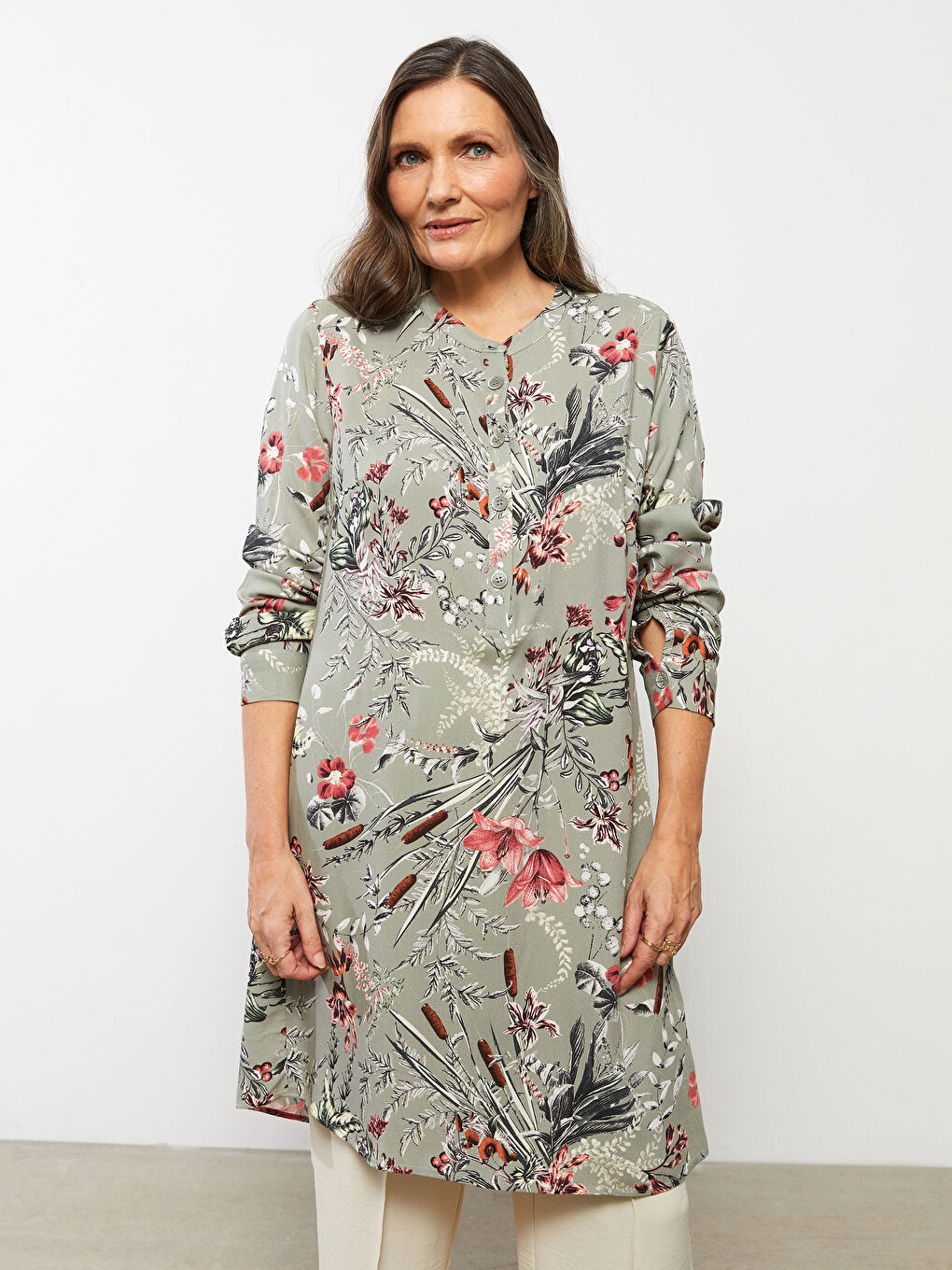 Crew Neck Floral Long Sleeve Viscose Women's Tunic
