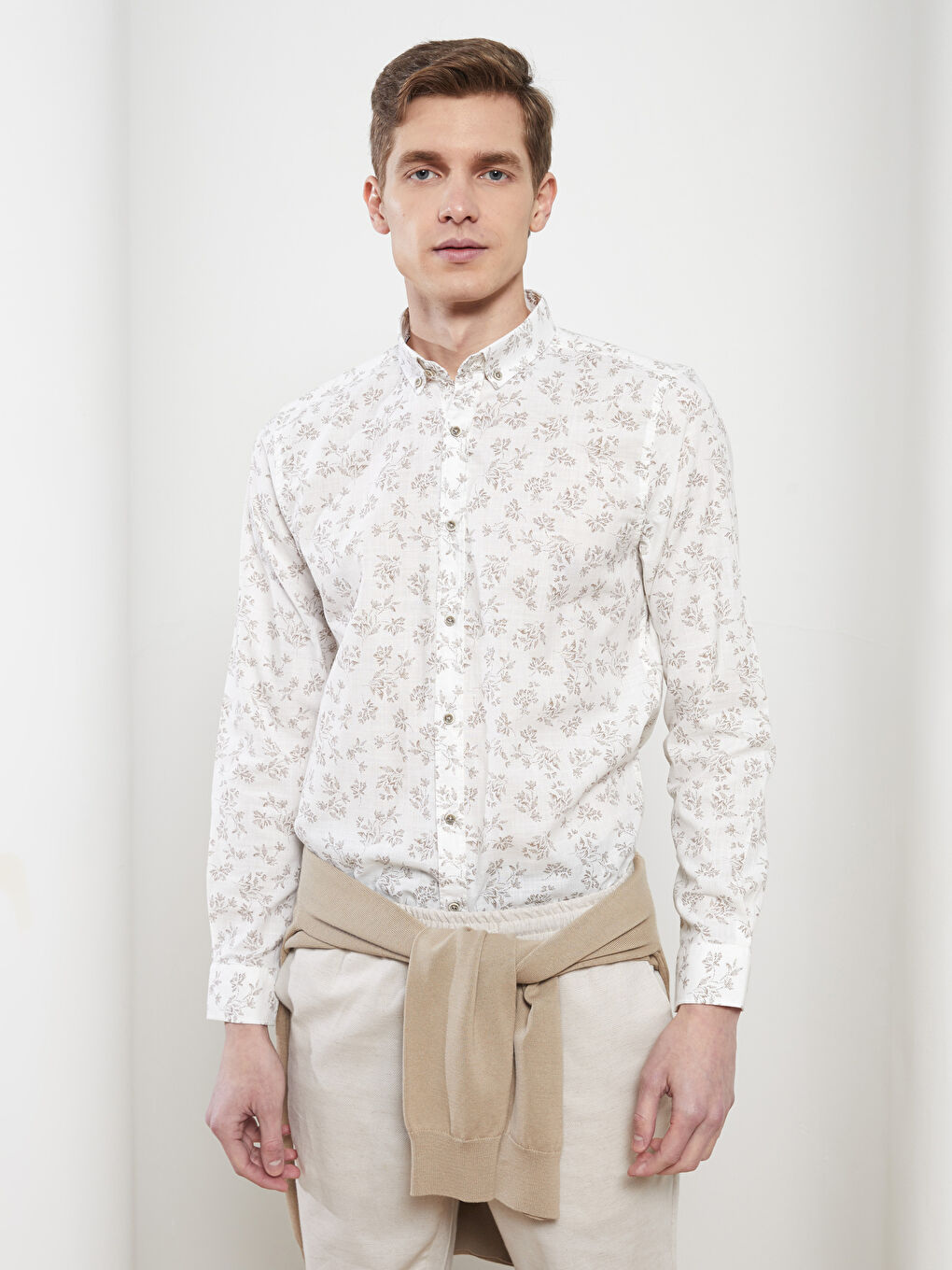 قميص بوبلين كم طويل عادي للرجال-1