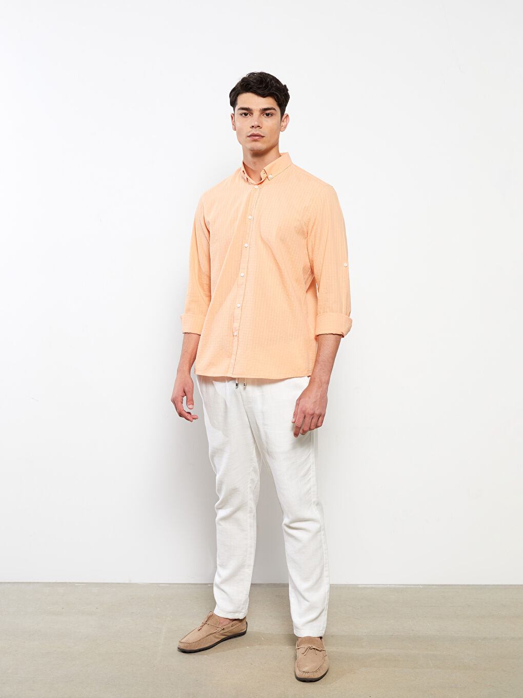 Turuncu Regular Fit Uzun Kollu Çizgili Erkek Gömlek