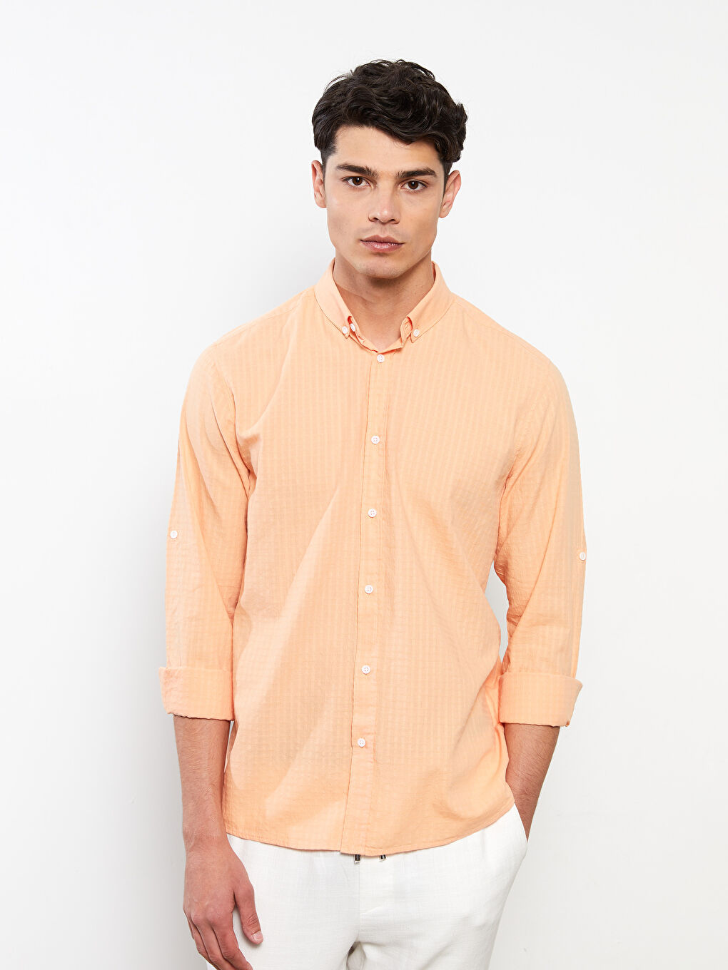 Turuncu Regular Fit Uzun Kollu Çizgili Erkek Gömlek-1