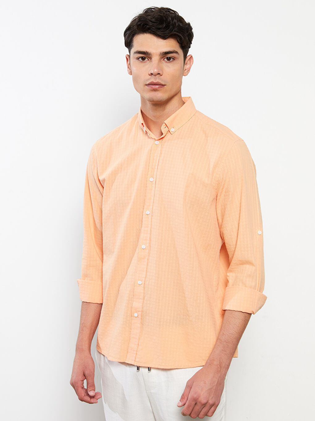 Turuncu Regular Fit Uzun Kollu Çizgili Erkek Gömlek-2