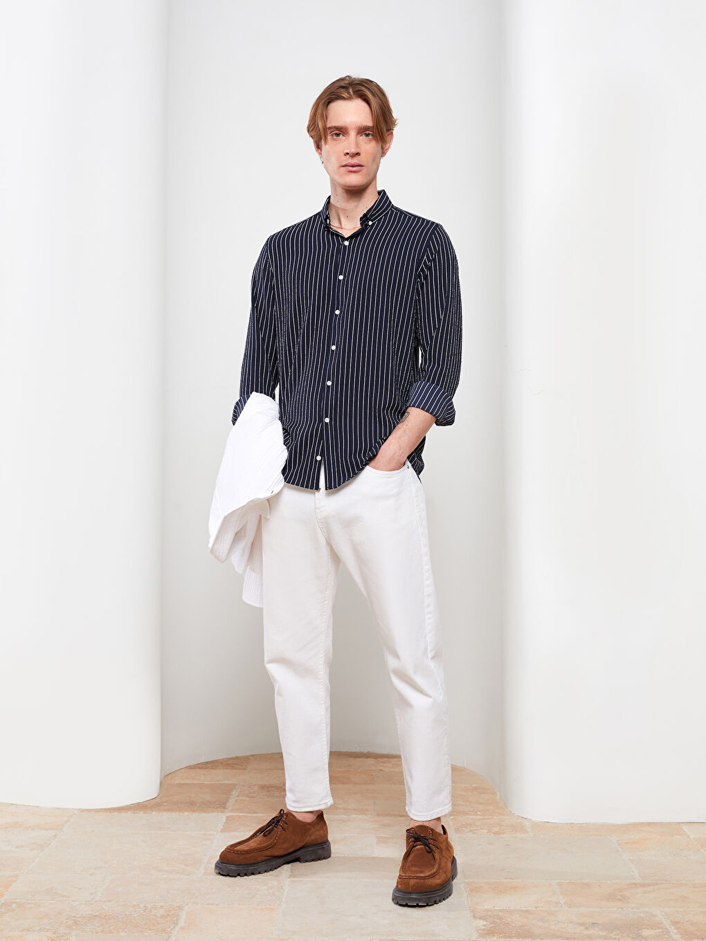 Lacivert Slim Fit Uzun Kollu Çizgili Erkek Gömlek