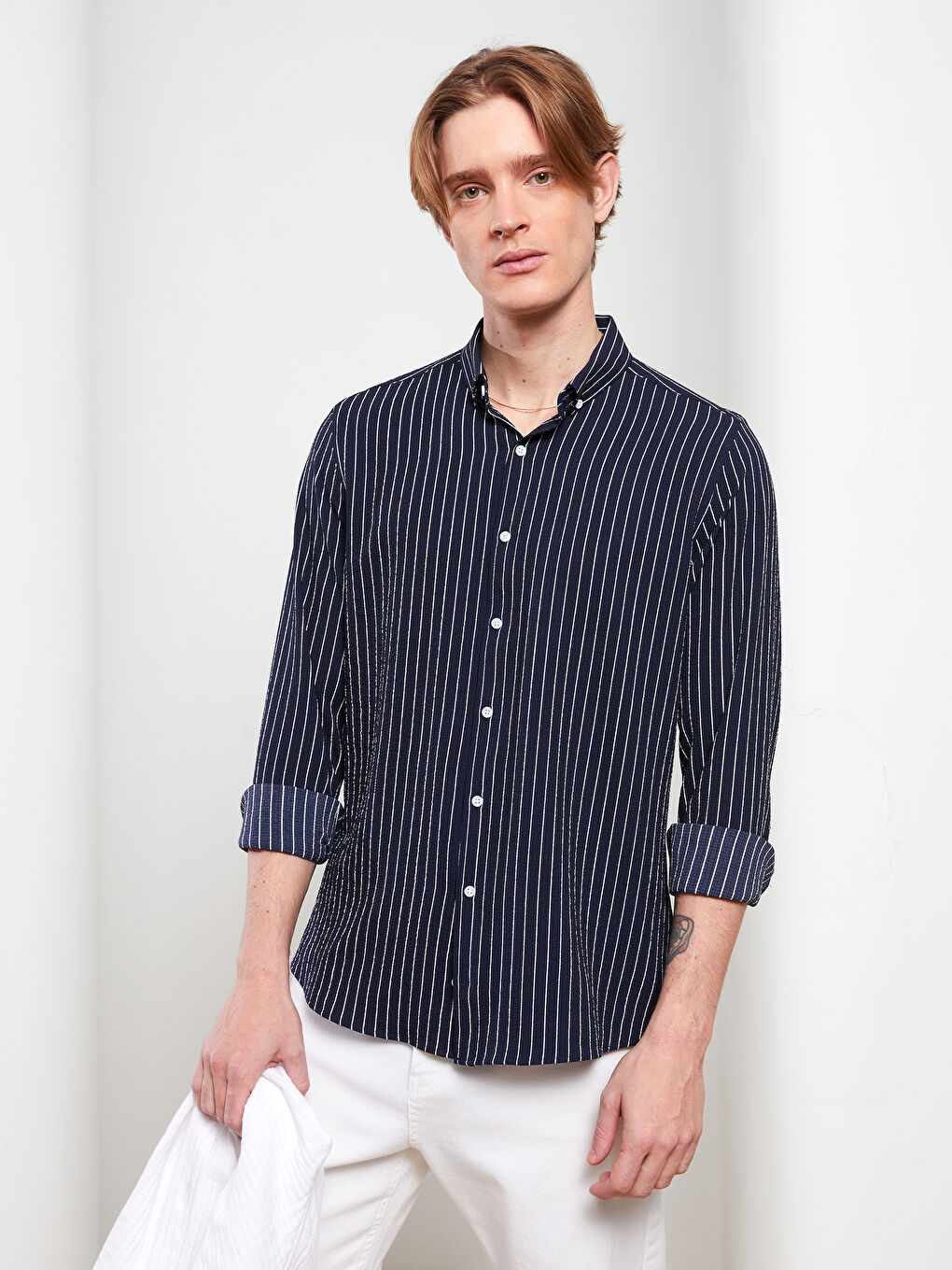 Lacivert Slim Fit Uzun Kollu Çizgili Erkek Gömlek-2