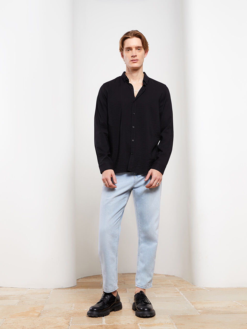 Siyah Slim Fit Uzun Kollu Viskon Erkek Gömlek-1