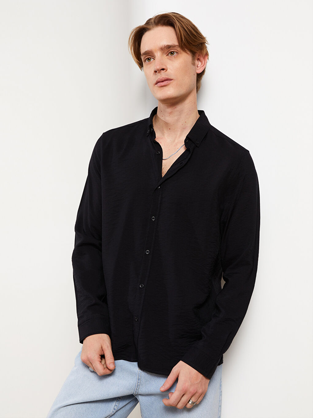 Siyah Slim Fit Uzun Kollu Viskon Erkek Gömlek-2