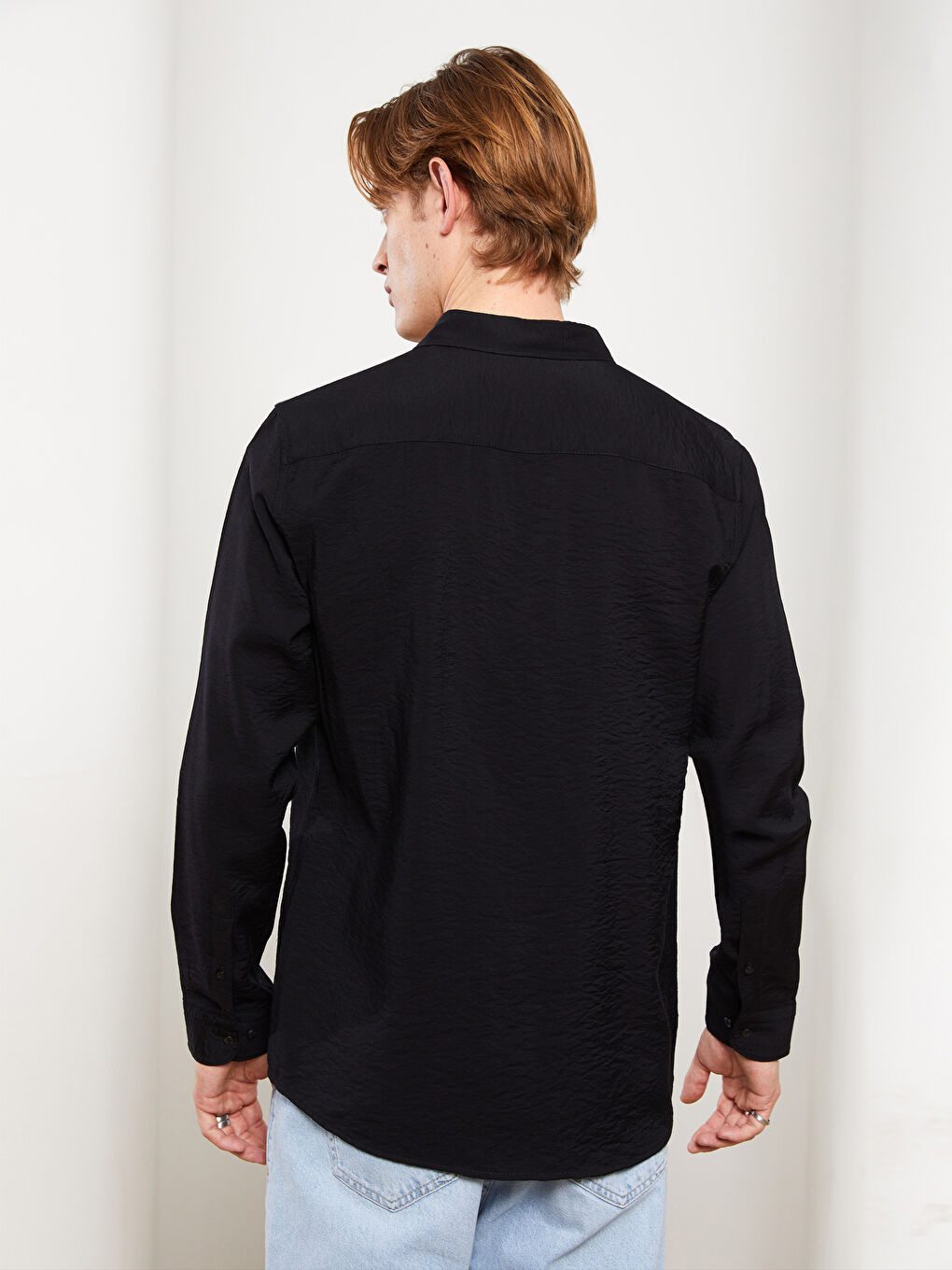 Siyah Slim Fit Uzun Kollu Viskon Erkek Gömlek-5