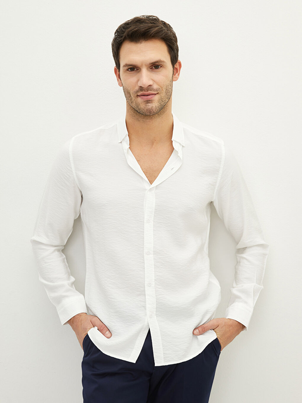 Beyaz Slim Fit Uzun Kollu Viskon Erkek Gömlek-1