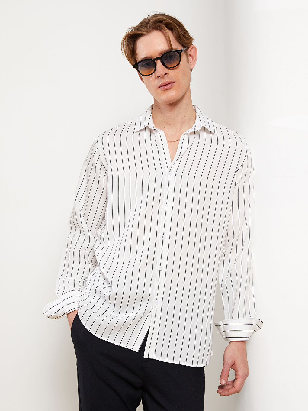 Beyaz Slim Fit Uzun Kollu Çizgili Erkek Gömlek