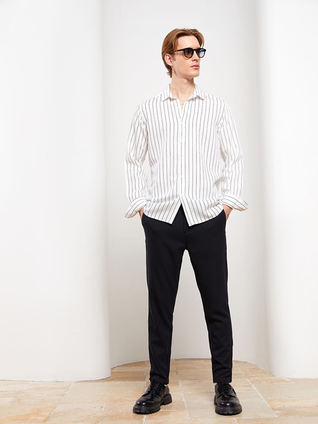 Beyaz Slim Fit Uzun Kollu Çizgili Erkek Gömlek-2