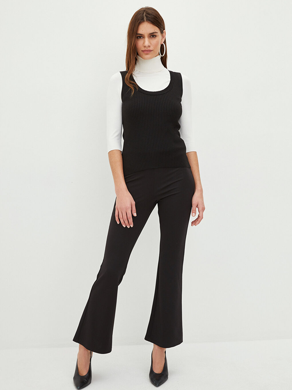 Siyah Kadın U Yaka Düz Triko Süveter-2